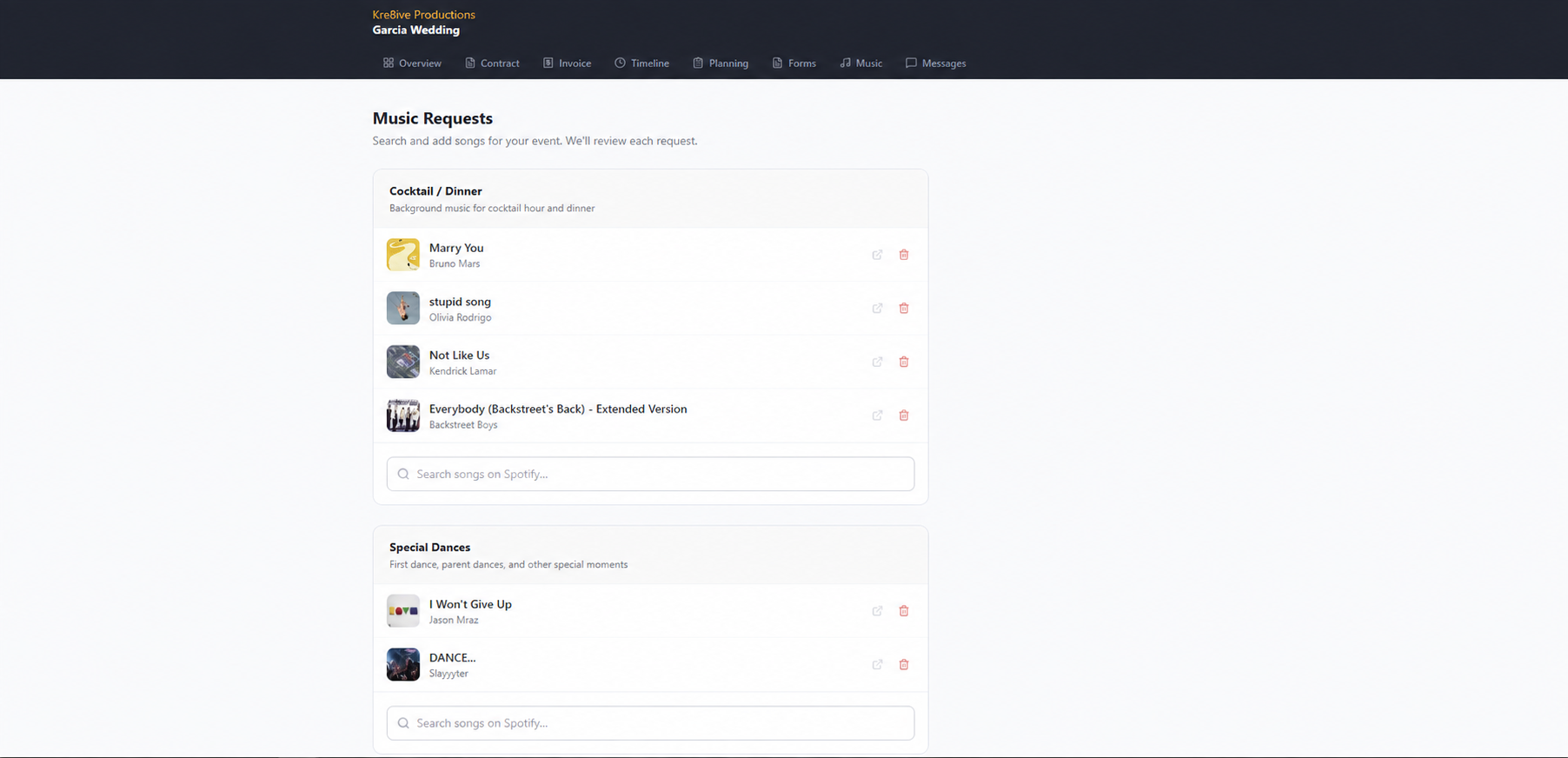 Client Portal / Music Requests screenshot
